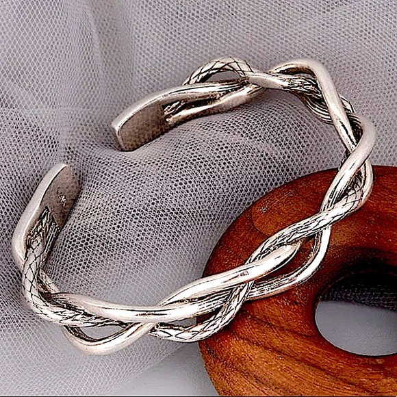Braided Sterling Silver Bangle Cuff Bracelet - Picture 3 of 16